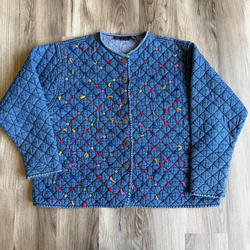 Vintage Quilted Denim Jacket Blue Embroidered Button Chore Barn Coat‎ 1X